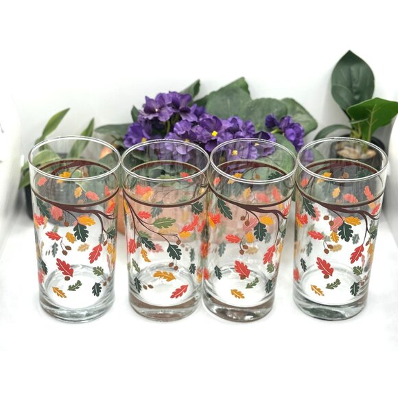 Set Of 4 Vintage Crisa by Libbey Tumblers Glasses Fall Autumn Leaves - Picture 1 of 8